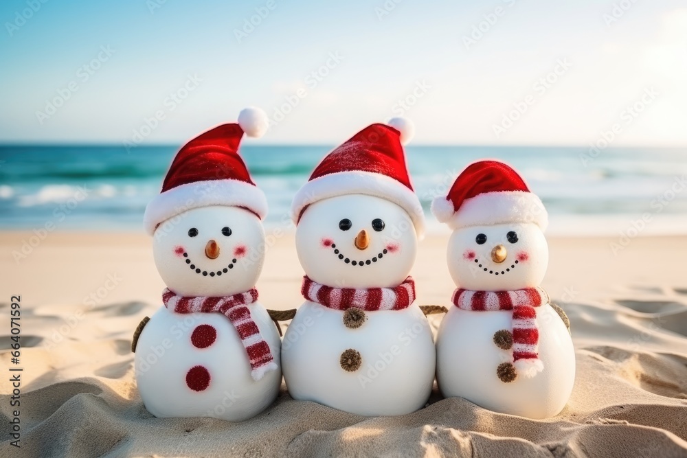 Snowmen family at tropical beach in santa hats