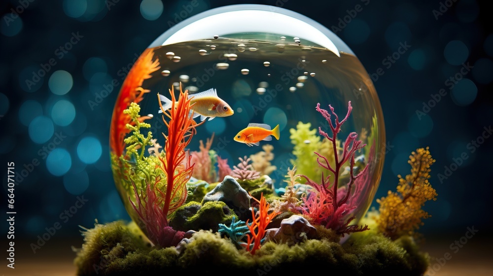  a fish is swimming in an aquarium with algaes and corals.  generative ai