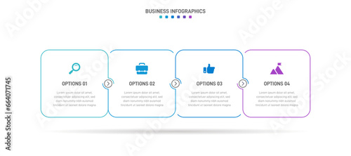 Timeline infographic with infochart. Modern presentation template with 4 spets for business process. Website template on white background for concept modern design. Horizontal layout.