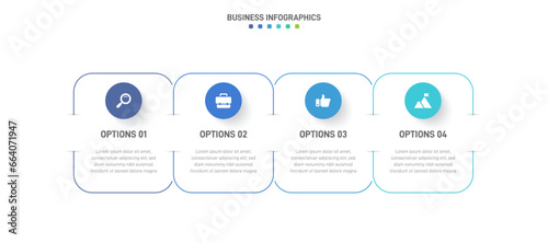 Timeline infographic with infochart. Modern presentation template with 4 spets for business process. Website template on white background for concept modern design. Horizontal layout.