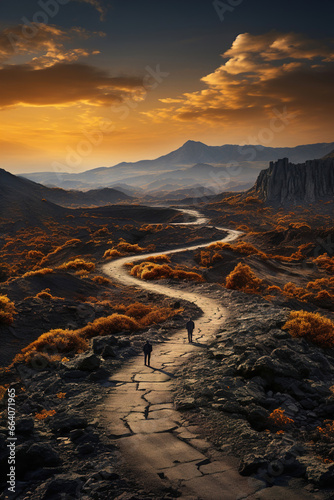 A person walking down a winding road with curves in the middle of a mountain.