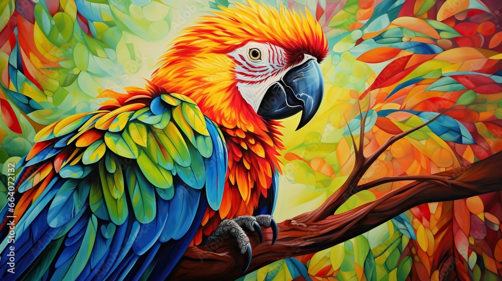 Fototapeta premium a painting of a colorful parrot perched on a tree branch. generative ai