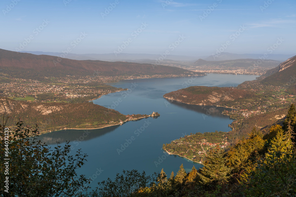Panoramic view of Lake Annecy in autumn, Haute Savoie, France