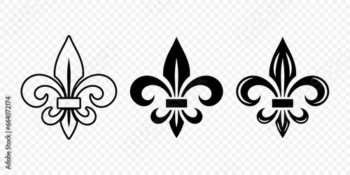 Vector Vintage White and Black Fleur De Lis Icon Set Isolated. Heraldic Lily, Retro Design Element. Vector Illustration