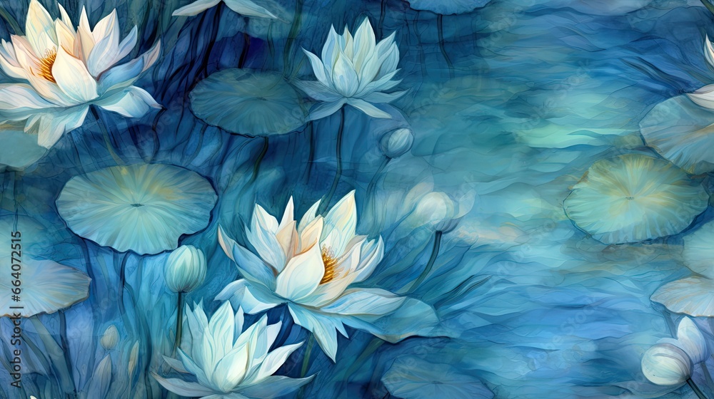 Obraz premium a painting of water lilies and leaves on a blue background. generative ai