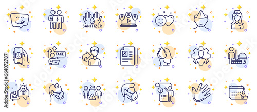 Outline set of Video conference, Yummy smile and Cv documents line icons for web app. Include Accounting, 3d app, Hospital nurse pictogram icons. Manual doc, Fake internet, Share signs. Vector