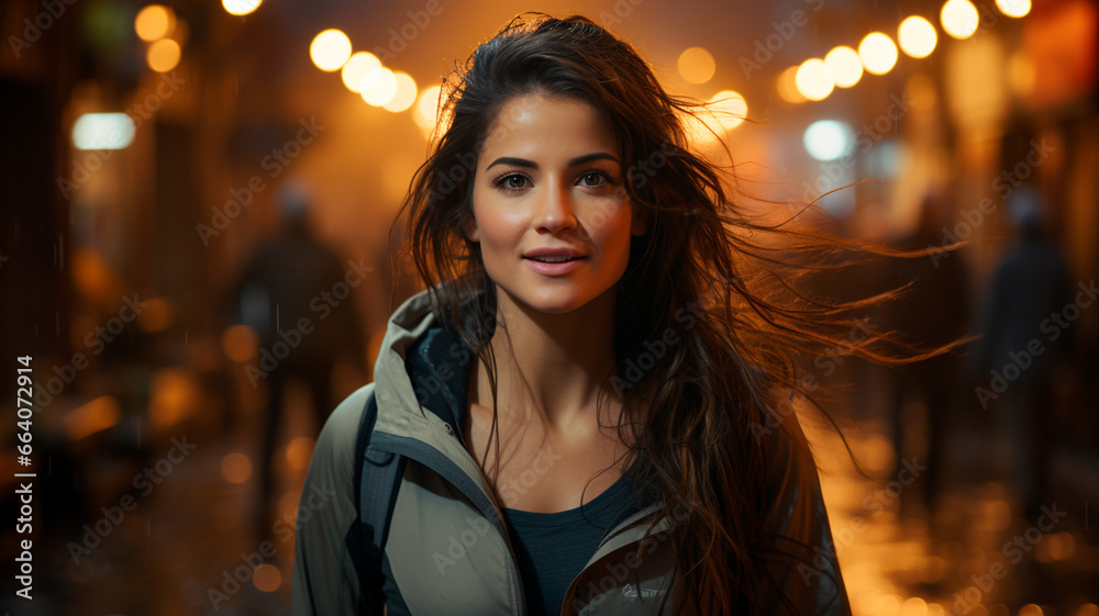 young beautiful girl posing in the rain. the girl is in the rain in the night city