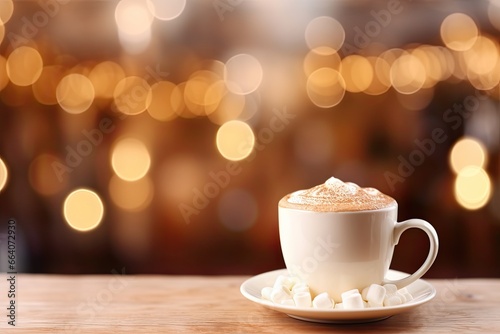 Hot chocolate - hot chocolate with marshmallows, Christmas background. Against the background of glare and blurry lights..