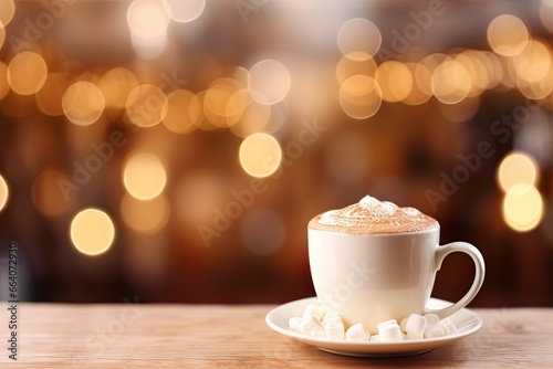 Hot chocolate - hot chocolate with marshmallows, Christmas background. Against the background of glare and blurry lights.. © Мария Фадеева