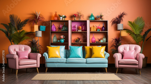 A vibrant photo studio with various backdrops and props, ready for creative portrait sessions