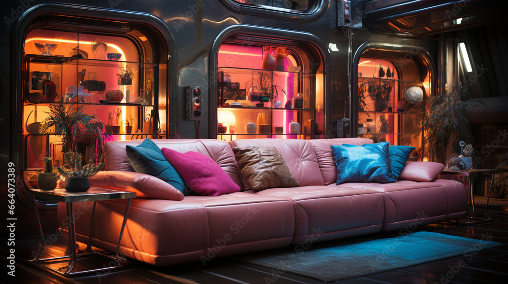 Obraz premium A studio with a futuristic vibe, where neon lights and metallic surfaces set a sci-fi mood