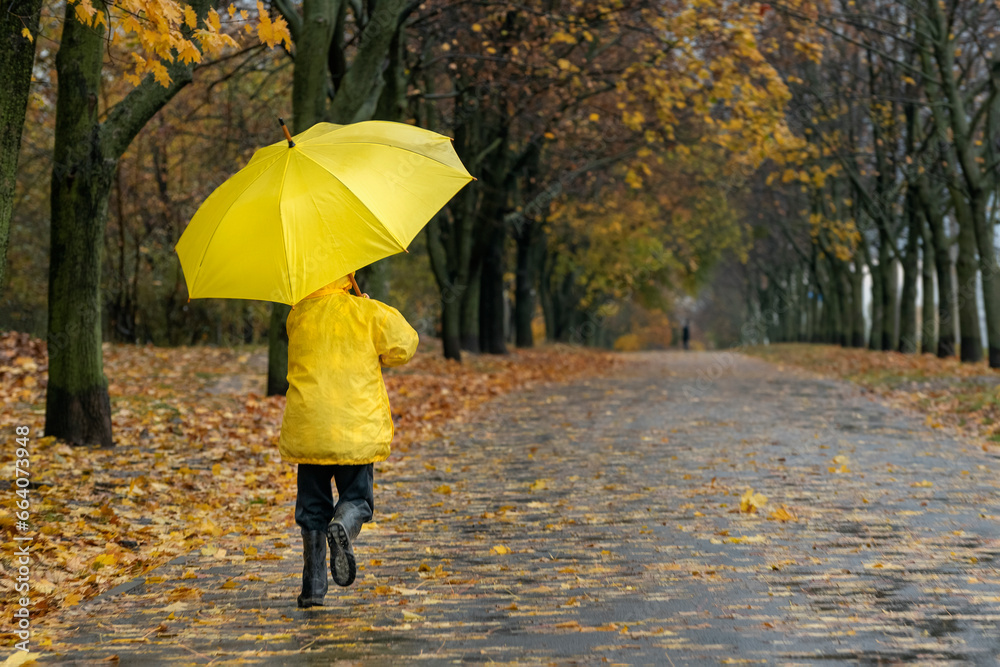 Obraz premium Child in yellow raincoat with large yellow umbrella in autumn park. Fallen leaves background. Back view