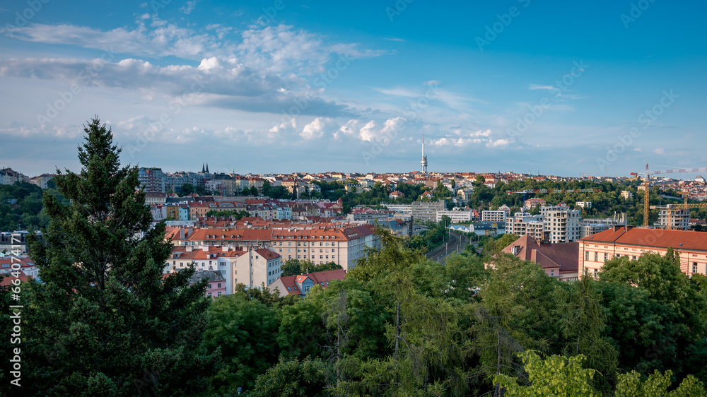 Prague panorama in the afternoon with blue sky.
