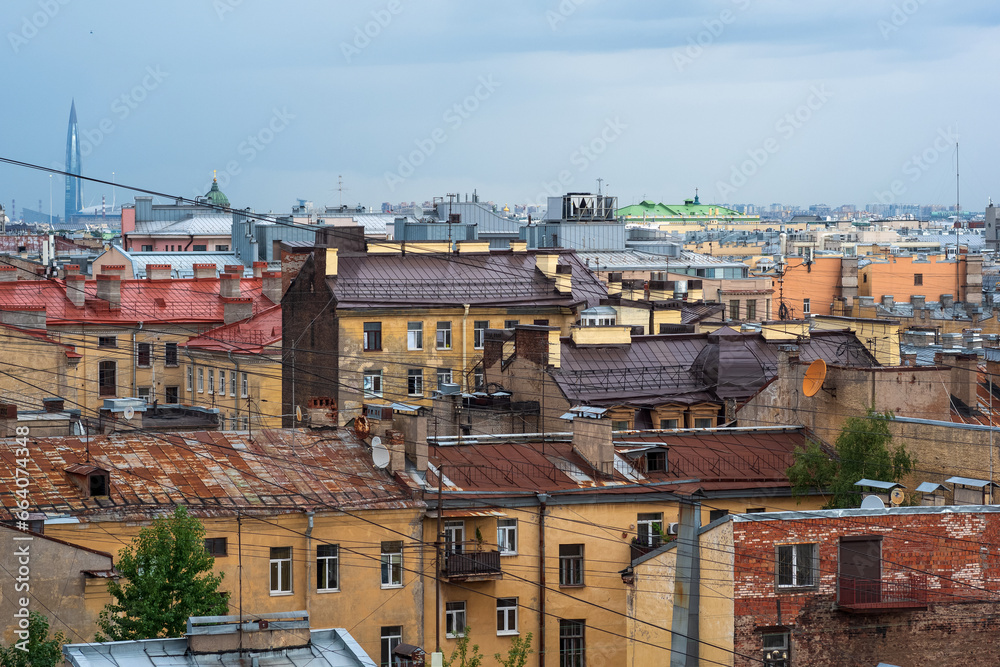 top view of the city roofs in the historical center of Saint Petersburg