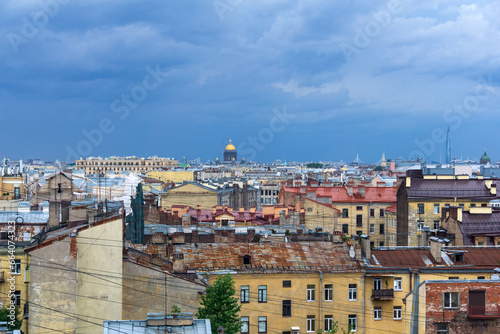 top view of the city roofs in the historical center of Saint Petersburg before the onset of a thunderstorm