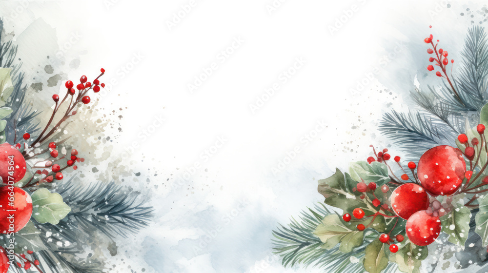 Watercolor Christmas background with green leaves and holly berries, Winter frame template, Copy space. Generative AI Watercolor Christmas background with green leaves and holly berries, Winter frame template, Copy space. Generative AI