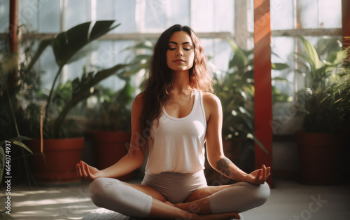 Girl doing yoga sitting in ...