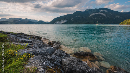 Evening Alpine lake Wolfgangsee with boats and mountains in the background. Rocks and meadow flowers in the foreground
