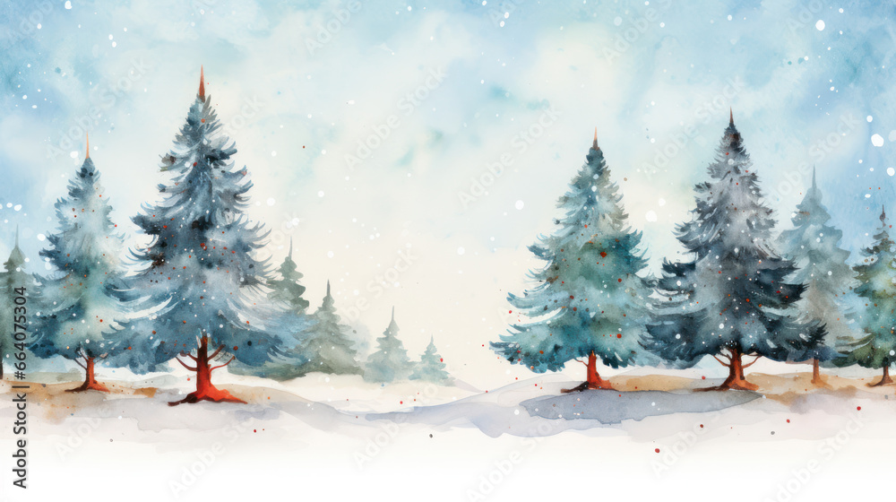 Watercolor Winter Christmas tree forest background with snow, Frame template, Copy space. Generative AI