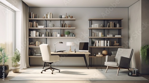 Luxurious home office, bright workspace, Scandinavian interior style