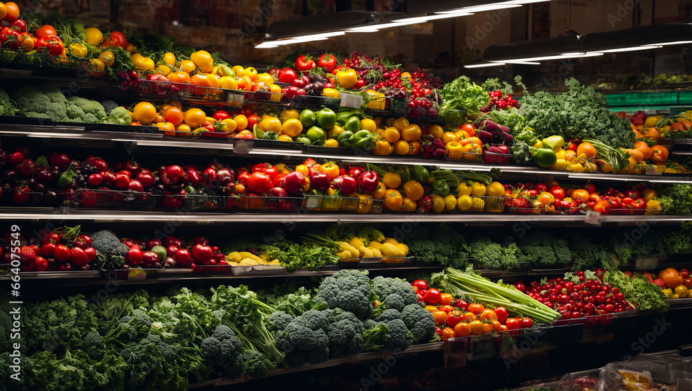 Various fresh vegetables and fruits on supermarket shelves