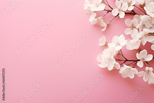 White flowers on pink background, spring background with copy space. Generative AI #664075513