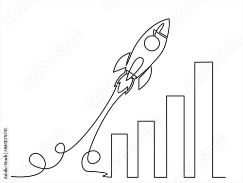 continuous line drawing of Rocket launch, ship and increasing up arrows bar graph.Continuous line drawing. Startup business. Vector illustration. Isolated on white background. 