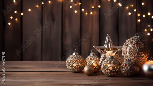 Weihnachtliche Deko mit goldenen  Sternen und Kugeln auf braunem Holz-Hintergrund