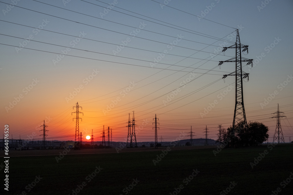 high-tension wires in sunset, high voltage, sunset, sunset behind power station