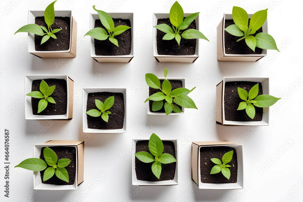 Obraz premium seedlings in square brown cardboard pots on a white background flat lay, top view, minimalism