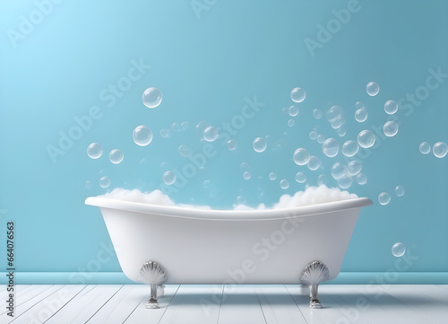 classic white bathtub with foam and bubbles on pastel blue background photo