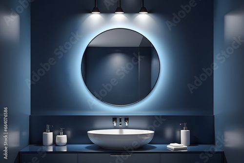 large round mirror with backlight in modern dark blue minimalist bathroom