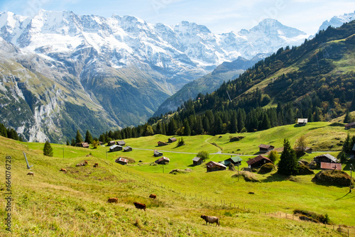 Amazing touristic alpine village in valley Lauterbrunnen, Switzerland attraction