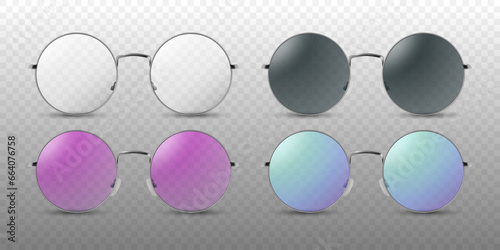 Vector Realistic Colorless, Black, Pink and Purple Round Frame Glasses Frame Set Closeup Isolated. Transparent Sunglasses for Women and Men. Optics, Lens, Vintage, Trendy Glasses. Front View