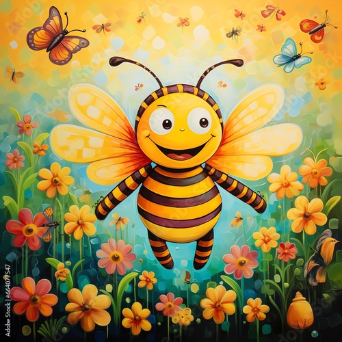 a cartoon bee flying in a flower garden