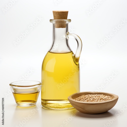 a glass bottle with a cork and a bowl of oil