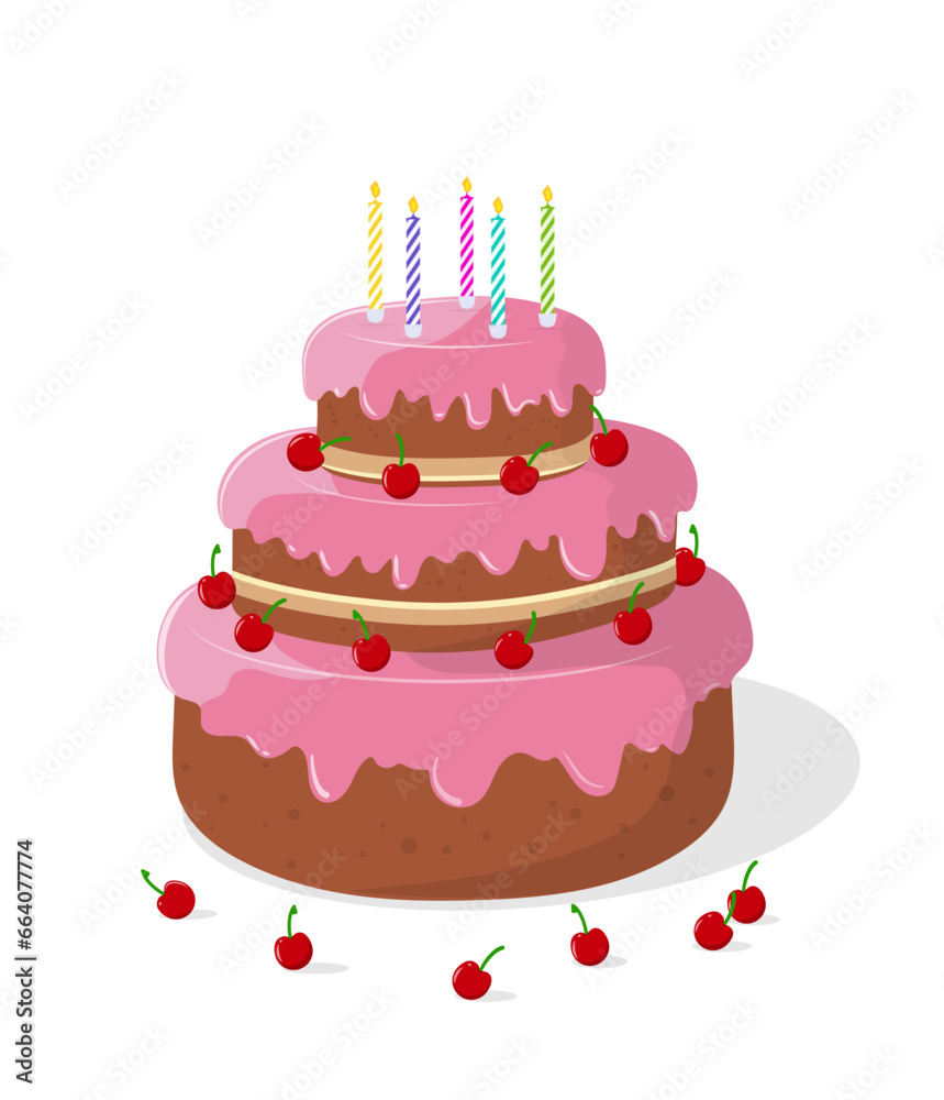 Bright festive three-tier cake with pink cream, candles and cherries in cartoon style. Flat style Design element for greeting card, invitation, banner. Vector illustration. Clipart cake icon. Bright festive three-tier cake with pink cream, candles and cherries in cartoon style. Flat style Design element for greeting card, invitation, banner. Vector illustration. Clipart cake icon.