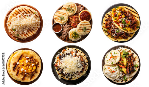 Top view set of arepa on a wooden plate, on a transparent background.