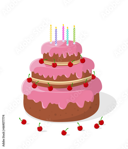 Bright festive three-tier cake with pink cream  candles and cherries in cartoon style. Flat style Design element for greeting card  invitation  banner. Vector illustration. Clipart cake icon.