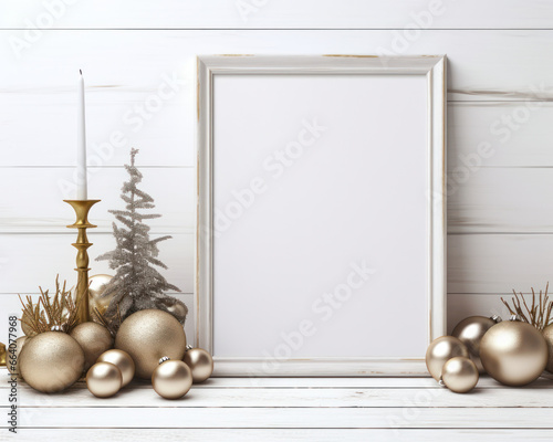Mockup blank white picture frame on cozy Christmas decoration background, Empty canvas template on white wooden table. Generative AI
