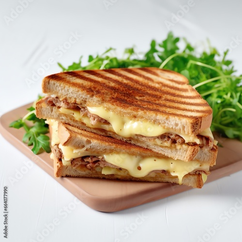 a grilled sandwich with cheese and greens on a wooden plate