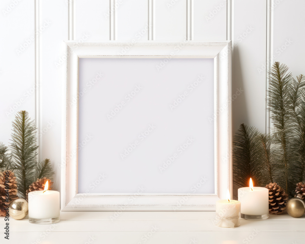 Mockup blank white picture frame on cozy Christmas decoration background, Empty canvas template on white wooden table. Generative AI Mockup blank white picture frame on cozy Christmas decoration background, Empty canvas template on white wooden table. Generative AI