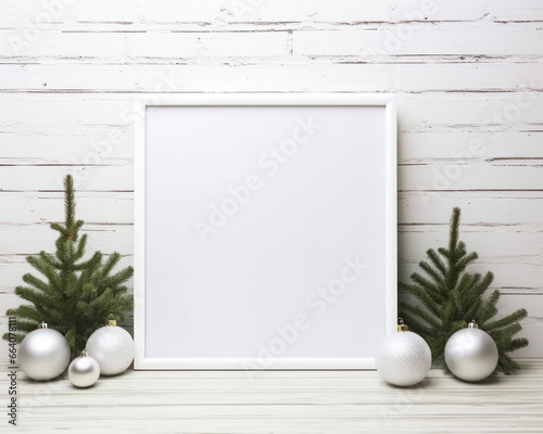 Mockup blank white picture frame on cozy Christmas decoration background, Empty canvas template on white wooden table. Generative AI