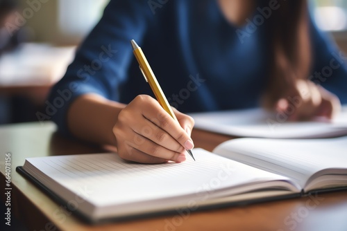a person writing on a notebook photo