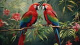  two red and green parrots sitting on a tree branch.  generative ai