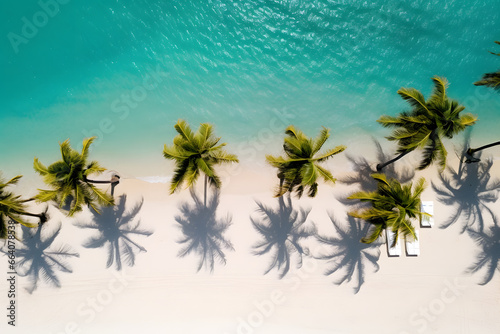 Palm trees silhouettes on a tropical beach with turquoise water