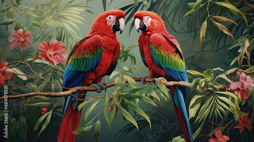  two red and green parrots sitting on a tree branch. generative ai