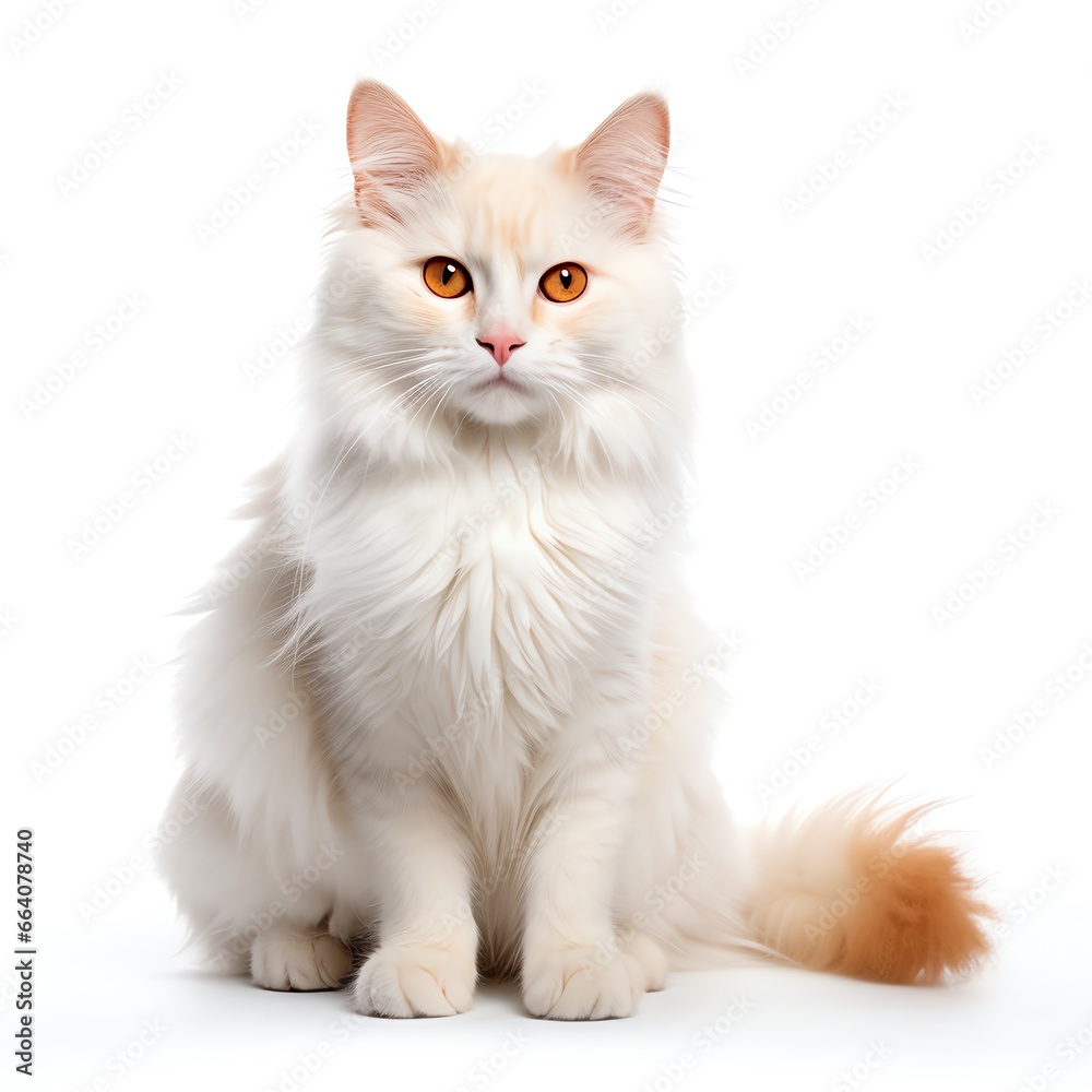 a white cat with orange eyes
