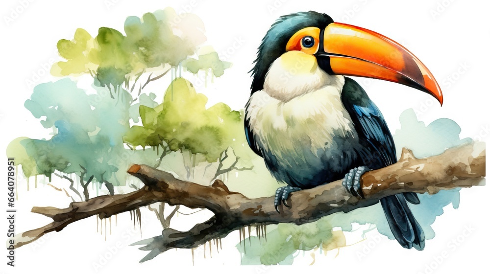 Fototapeta premium a toucan bird sitting on a branch with trees in the background. generative ai