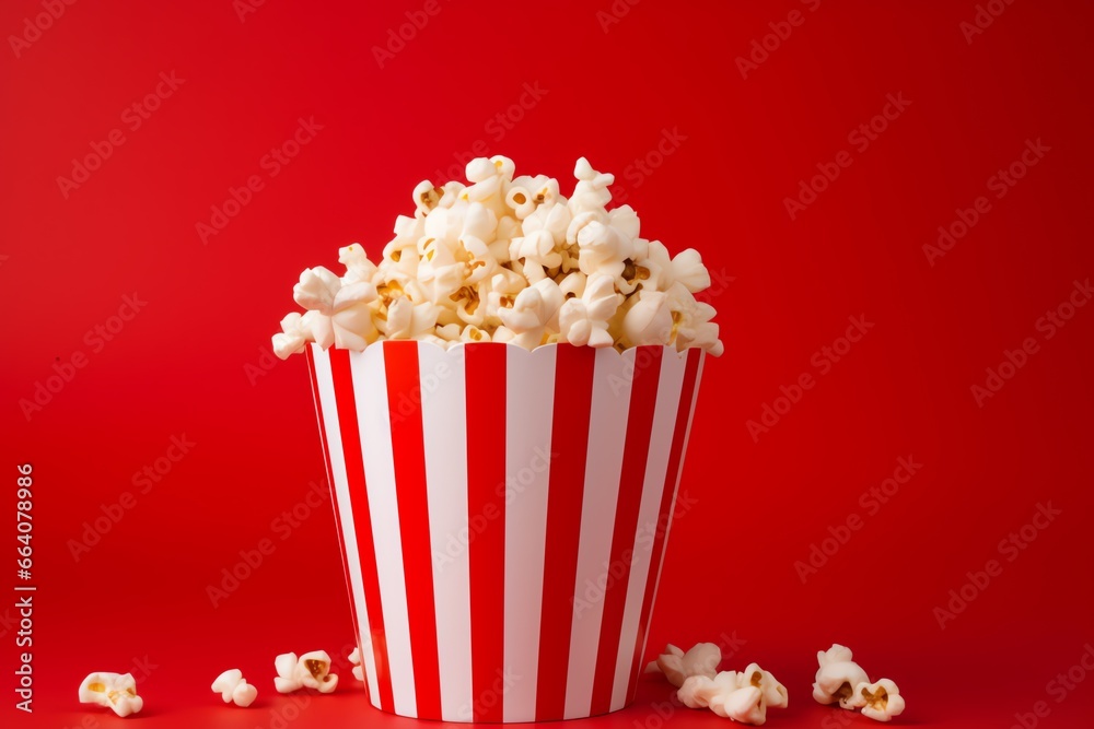 a red and white striped container with popcorn